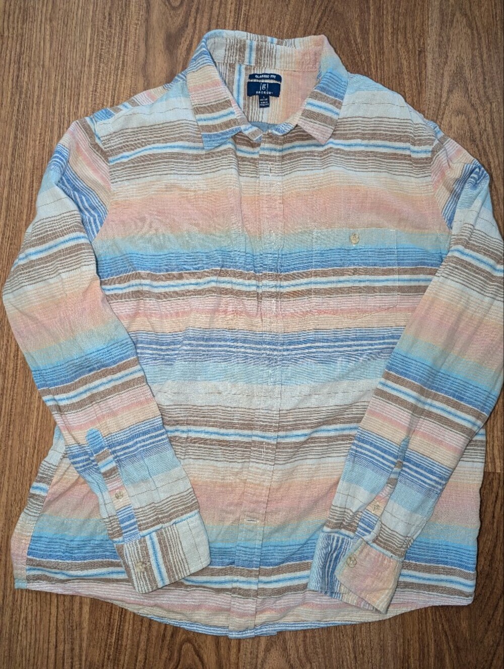 Men's Large George Pastel Striped Button-Down Shirt - Blue, Coral, Tan